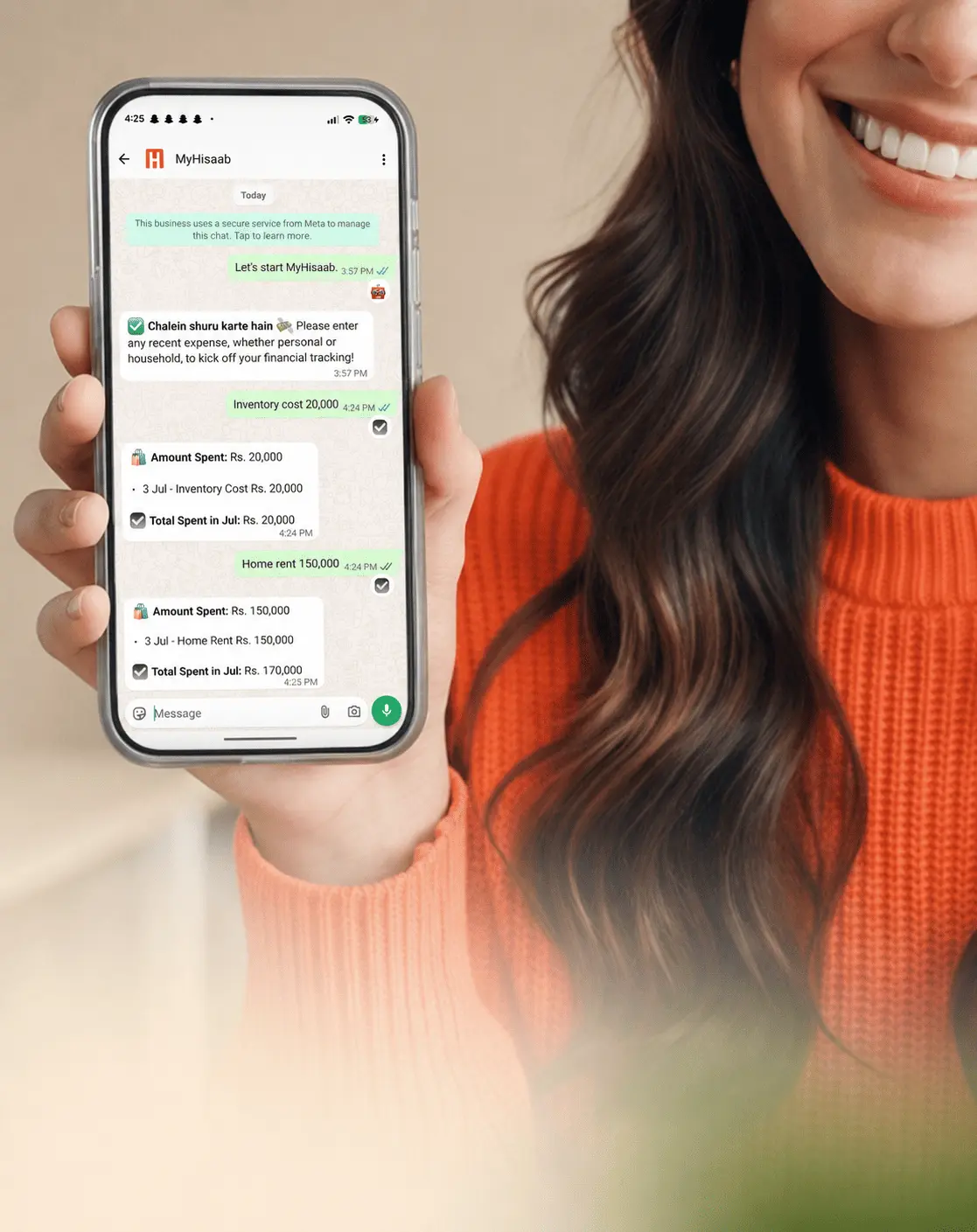 Woman tracking her Hisaab on WhatsApp with AI