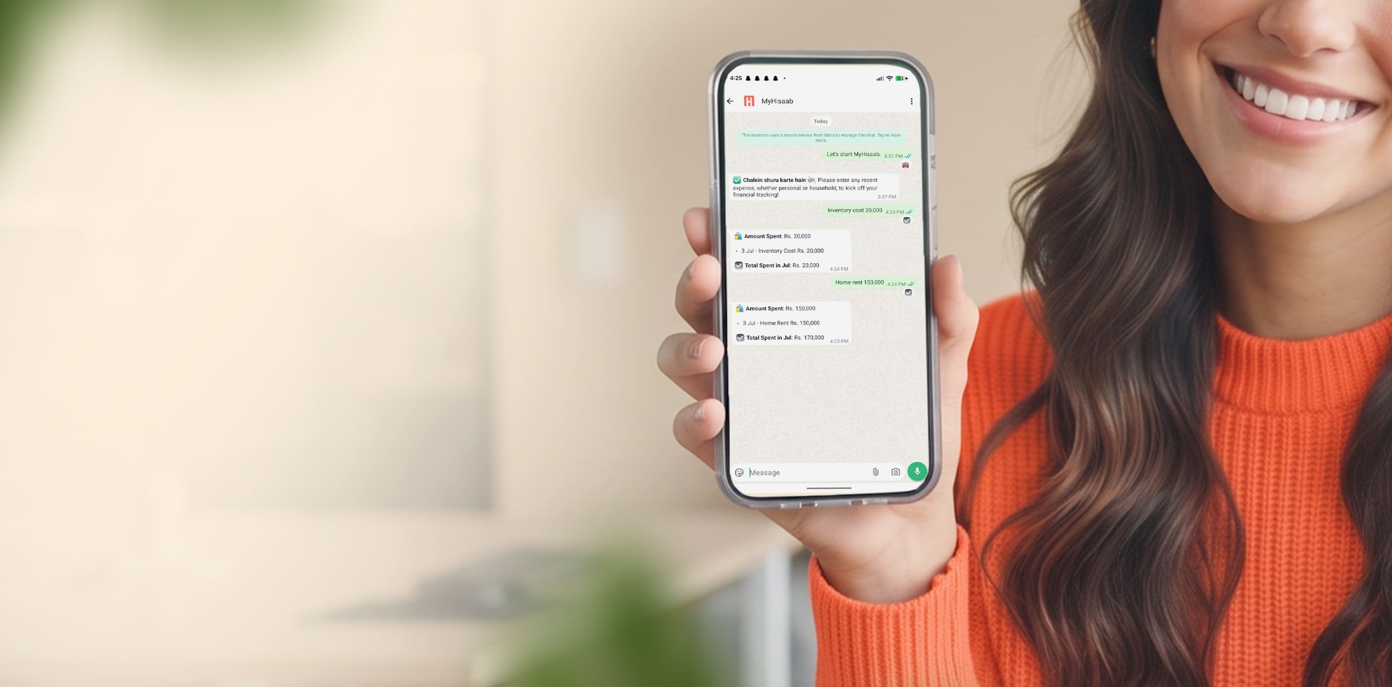 Woman tracking her Hisaab on WhatsApp with AI