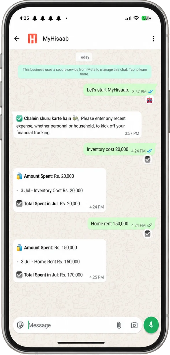 MyHisaab WhatsApp expense tracking conversation